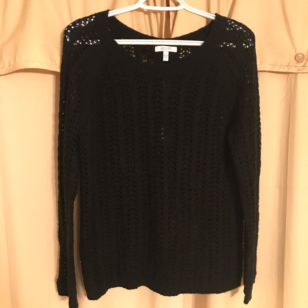 Delias black open knit sweater top, bows down back
